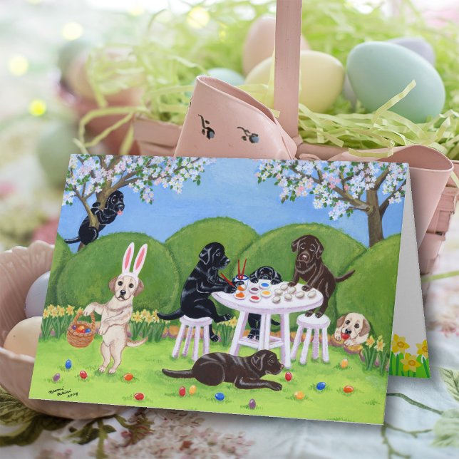 Cartes Pour Fêtes Annuelles Labradors et oeufs de Pâques (Labradors and Easter Eggs Card featuring Labradors painting Easter Eggs and doing funny antics.  )
