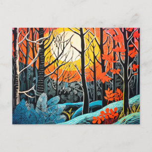 Cartes Pour Fêtes Annuelles L'abstraction dans une forêt de Linocut captivante