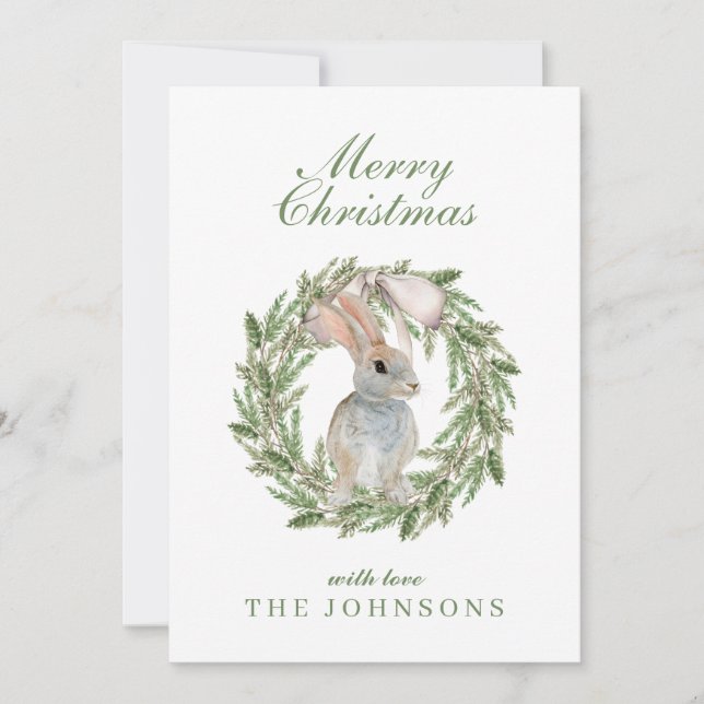 Cartes Pour Fêtes Annuelles L'adorable lapin lapin dans une couronne Noël (Devant)