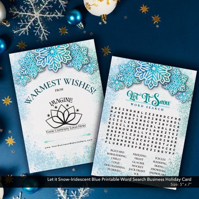 Cartes Pour Fêtes Annuelles Laisser la neige bleu imprimable Recherche de mots (Let it Snow–Iridescent Cool Blue Printable Holiday Word Search–Business Promotional Piece.)