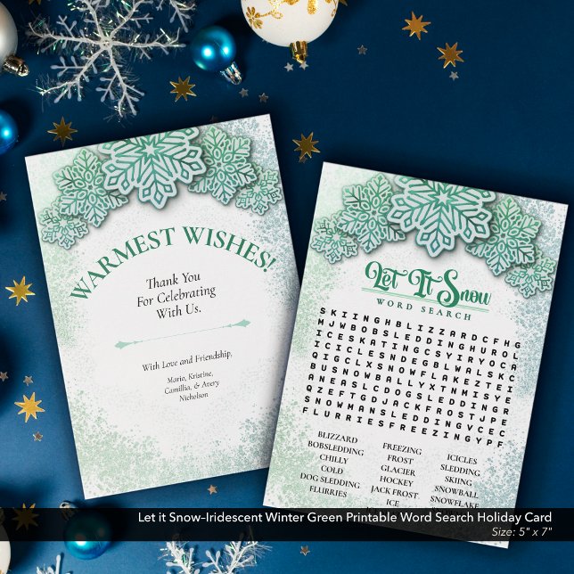Cartes Pour Fêtes Annuelles Laisser la neige - hiver vert Printemps Recherche  (Let it Snow–Winter Green Printable Word Search Holiday Card)