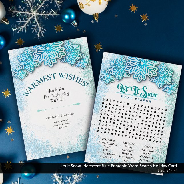 Cartes Pour Fêtes Annuelles Laisser la neige Iridescente Bleu Printable Recher (Let it Snow–Iridescent Blue Printable Word Search Holiday Card)