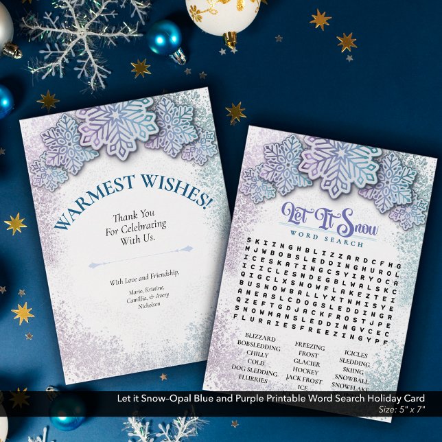 Cartes Pour Fêtes Annuelles Laisser la neige opale bleu violet Printable Reche (Let it Snow–Opal Blue and Purple Printable Word Search Holiday Card)