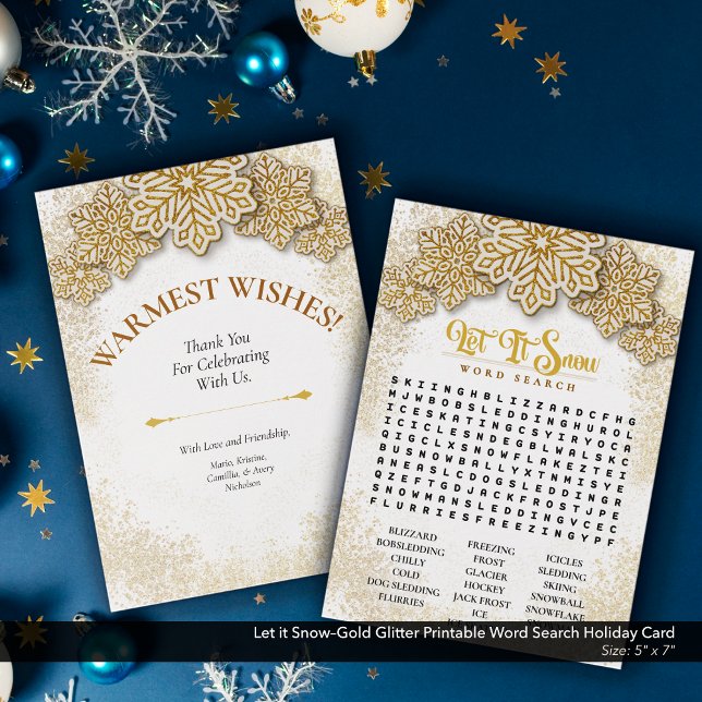 Cartes Pour Fêtes Annuelles Laisser la Parties scintillant de neige-or Printem (Let it Snow–Gold Glitter Printable Word Search Holiday Card)