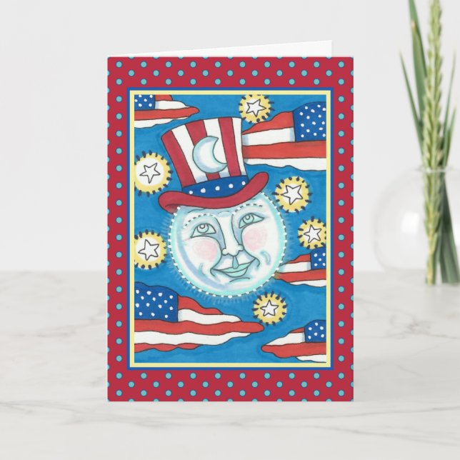 CARTES POUR FÊTES ANNUELLES L'AMÉRICANA FOLK ART PATRIOTIQUE HOMME DANS LA LUN (Devant)