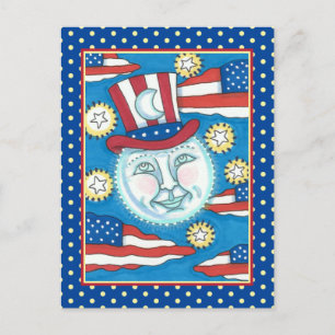 CARTES POUR FÊTES ANNUELLES L'AMÉRICANA FOLK ART PATRIOTIQUE HOMME DANS LA LUN