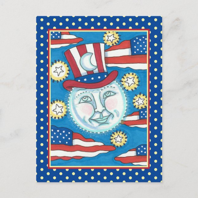 CARTES POUR FÊTES ANNUELLES L'AMÉRICANA FOLK ART PATRIOTIQUE HOMME DANS LA LUN (Devant)