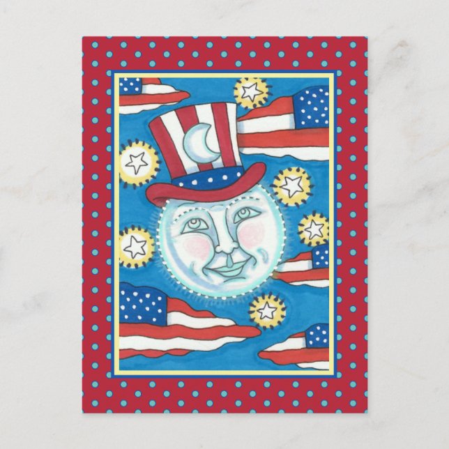 CARTES POUR FÊTES ANNUELLES L'AMÉRICANA FOLK ART PATRIOTIQUE HOMME DANS LA LUN (Devant)