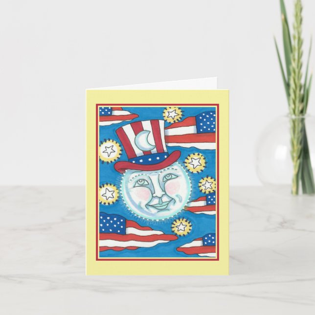 CARTES POUR FÊTES ANNUELLES L'AMÉRICANA FOLK ART PATRIOTIQUE HOMME DANS LA LUN (Devant)