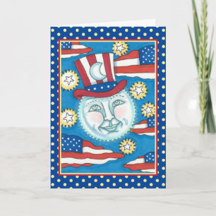 CARTES POUR FÊTES ANNUELLES L'AMÉRICANA FOLK ART PATRIOTIQUE HOMME DANS LA LUN