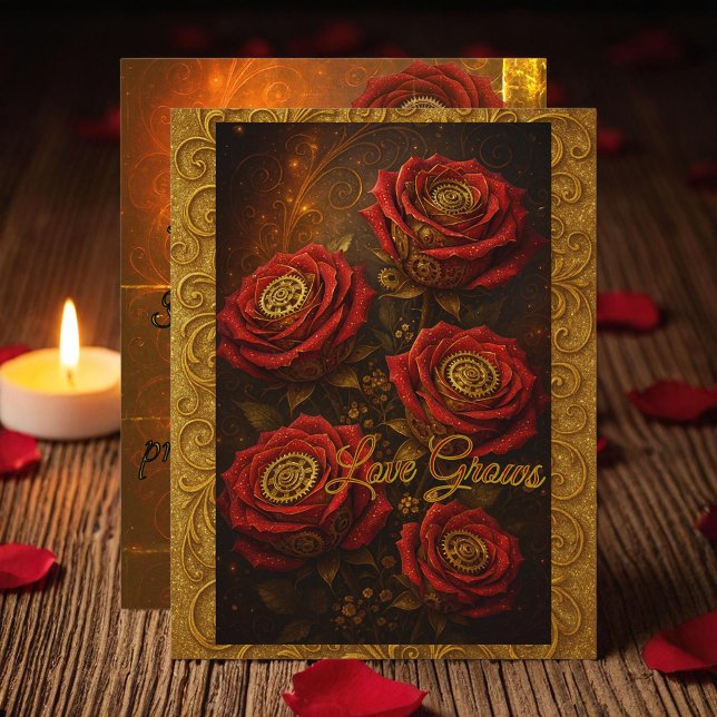 Cartes Pour Fêtes Annuelles L'amour grandit Rose rouge romantique engrenages e (Créateur téléchargé)