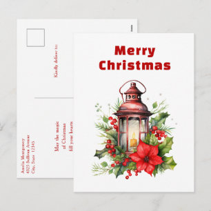 Cartes Pour Fêtes Annuelles Lanterne rouge de Noël Poinsettia et pin