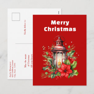 Cartes Pour Fêtes Annuelles Lanterne rouge de Noël Poinsettia et pin