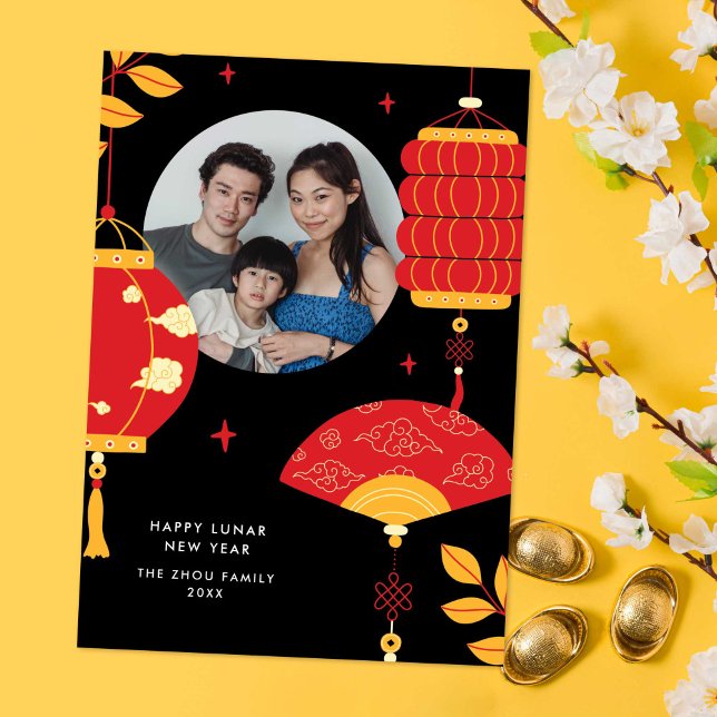 Cartes Pour Fêtes Annuelles Lanternes rouges modernes Lunaire Chinois Nouvel A (modern red lanterns Chinese/Lunar New Year photo card with black background)