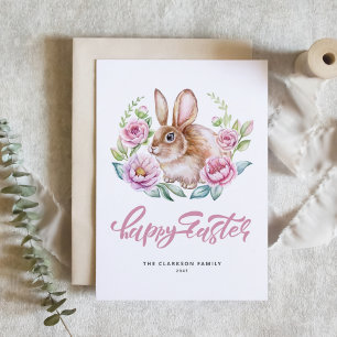 Cartes Pour Fêtes Annuelles Lapin à l'aquarelle Couronne florale rose Joyeuses