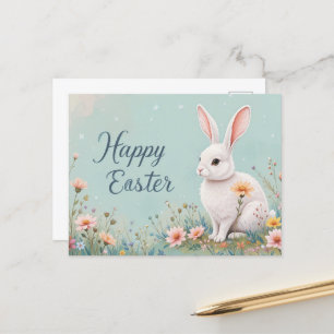 Cartes Pour Fêtes Annuelles Lapin adorable et fleurs mignonnes Pâques