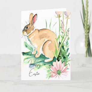 Cartes Pour Fêtes Annuelles Lapin aquarelle dans un jardin fleuri Pâques perso