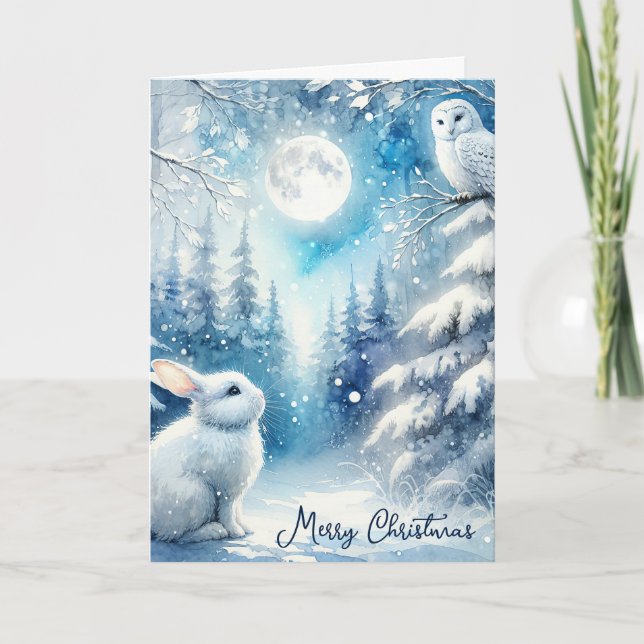Cartes Pour Fêtes Annuelles Lapin Aquarelle Et Chouette Neige (Devant)