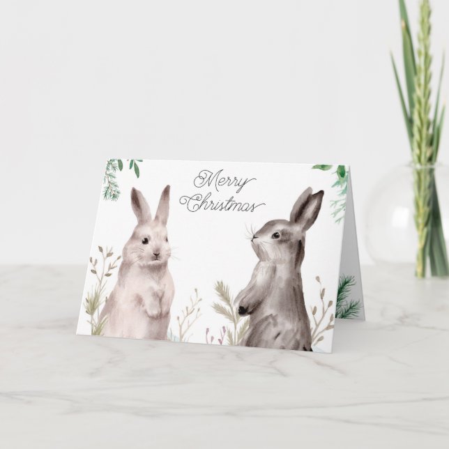 Cartes Pour Fêtes Annuelles Lapin Aquarelle Noël. Lapin, Floral (Devant)