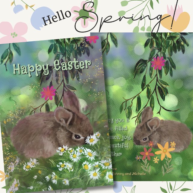 Cartes Pour Fêtes Annuelles Lapin aux marguerites à l'aquarelle peint à la mai (Watercolor Daisy Bunny Hand Painted Holiday Card)