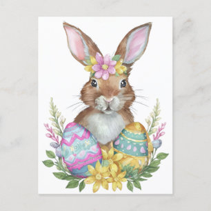 Cartes Pour Fêtes Annuelles Lapin avec oeufs et fleurs