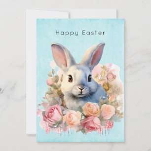 Cartes Pour Fêtes Annuelles Lapin avec une guirlande de roses Pâques mignon