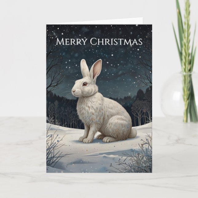 Cartes Pour Fêtes Annuelles Lapin blanc élégant de Noël bois enneigé  (Devant)