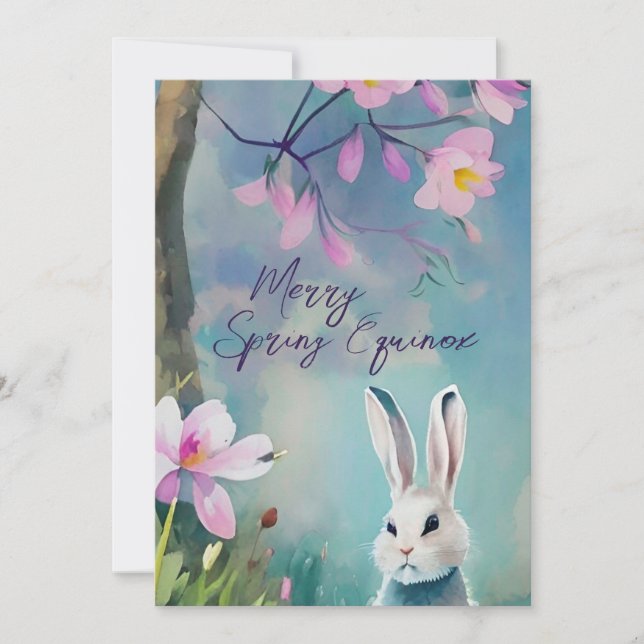 Cartes Pour Fêtes Annuelles Lapin Blanc Printemps Équinoxe Ostara Fleurs Sauva (Devant)