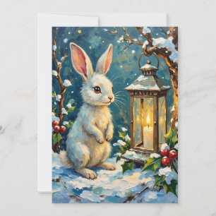 Cartes Pour Fêtes Annuelles Lapin blanc vintage avec lanterne de Noël
