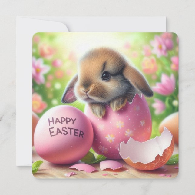 Cartes Pour Fêtes Annuelles Lapin dans Oeuf de Pâques avec Fleurs (Devant)