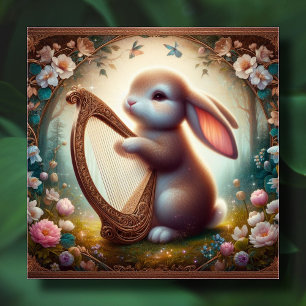 Cartes Pour Fêtes Annuelles Lapin de fantaisie sylvestre Fleurs Harpe Pâques 