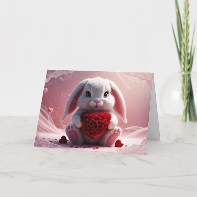 Cartes Pour Fêtes Annuelles Lapin de la Saint Valentin avec Rose (Devant)