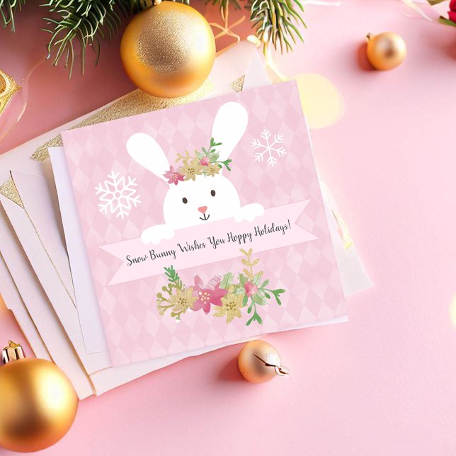 Cartes Pour Fêtes Annuelles Lapin de neige rose Poinsettia doré Hoppy (Créateur téléchargé)
