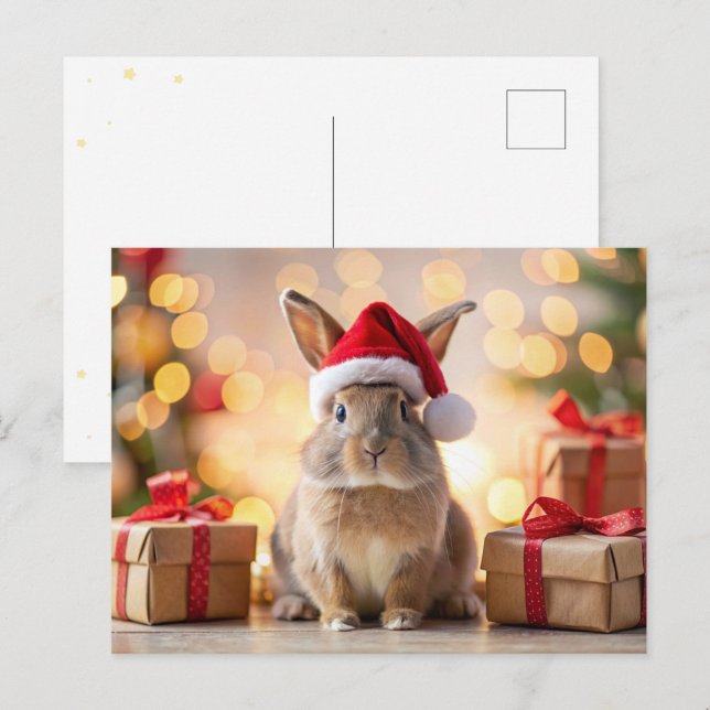 Cartes Pour Fêtes Annuelles Lapin de Noël assis avec un chapeau de Père Noël (Devant / Derrière)