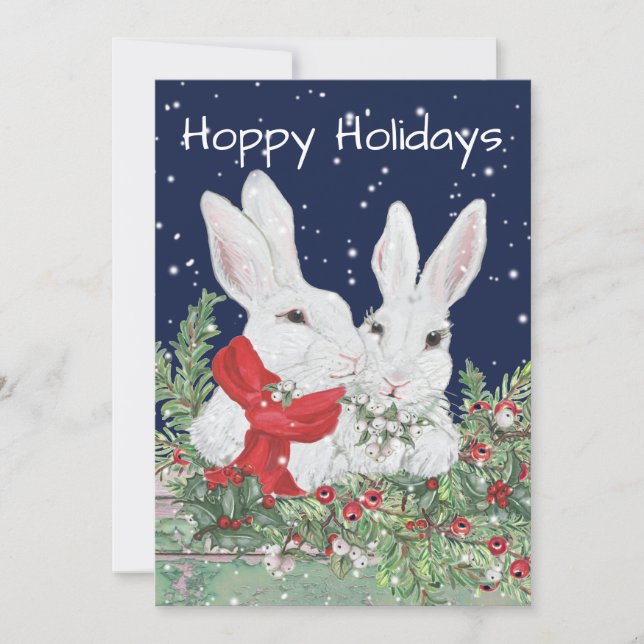 Cartes Pour Fêtes Annuelles Lapin De Noël Lapin Mignonne Vacances Neige Holly (Devant)