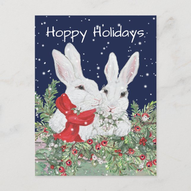 Cartes Pour Fêtes Annuelles Lapin de Noël lapins neige Holly Berry vacances (Devant)