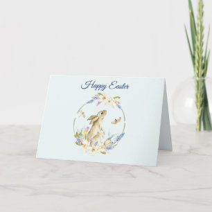 Cartes Pour Fêtes Annuelles Lapin de Pâques à l'aquarelle et fleurs printanièr