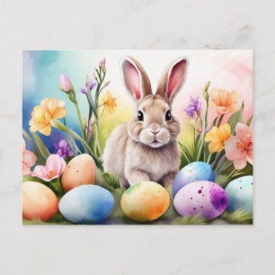 Cartes Pour Fêtes Annuelles Lapin de Pâques avec fleurs de printemps, œufs pei