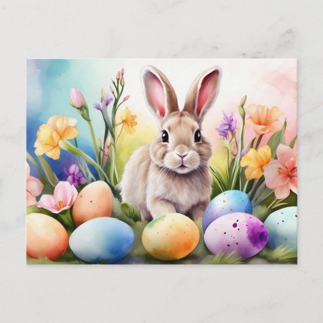 Cartes Pour Fêtes Annuelles Lapin de Pâques avec fleurs de printemps, œufs pei (Devant)