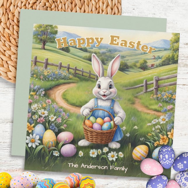 Cartes Pour Fêtes Annuelles Lapin de Pâques avec Panier d'oeufs mignon printem (A personalized Easter card with illustration of the Easter bunny with a basket of colorful eggs)