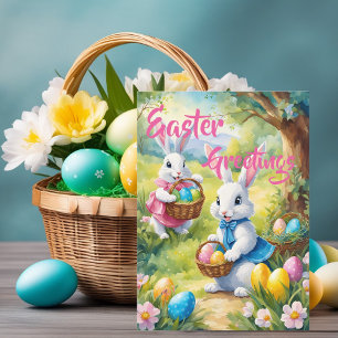 Cartes Pour Fêtes Annuelles Lapin de Pâques blanc heureux avec des œufs