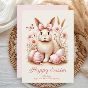 Cartes Pour Fêtes Annuelles Lapin de Pâques Coquette Nœud Rose Œufs