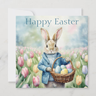 Cartes Pour Fêtes Annuelles Lapin de Pâques dans une prairie de tulipes
