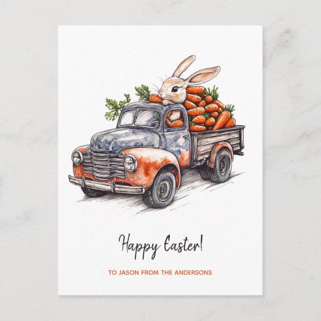 Cartes Pour Fêtes Annuelles Lapin de Pâques en camion vintage rustique (Devant)