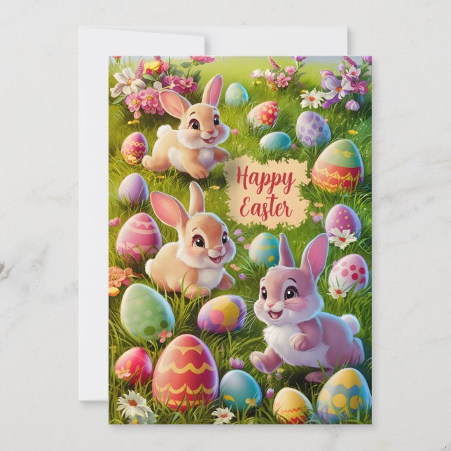 Cartes Pour Fêtes Annuelles Lapin De Pâques En Chasse Aux Oeufs (Devant)