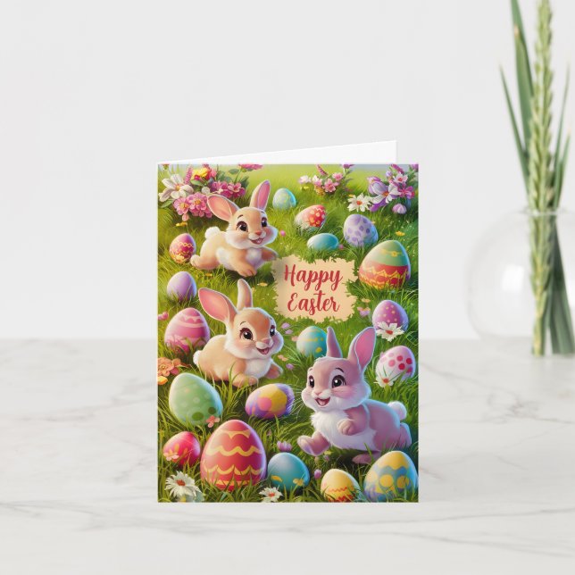 Cartes Pour Fêtes Annuelles Lapin De Pâques En Chasse Aux Oeufs (Devant)