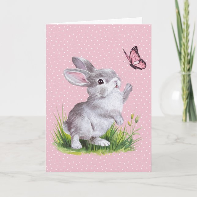 Cartes Pour Fêtes Annuelles Lapin de Pâques et papillon rose (Devant)