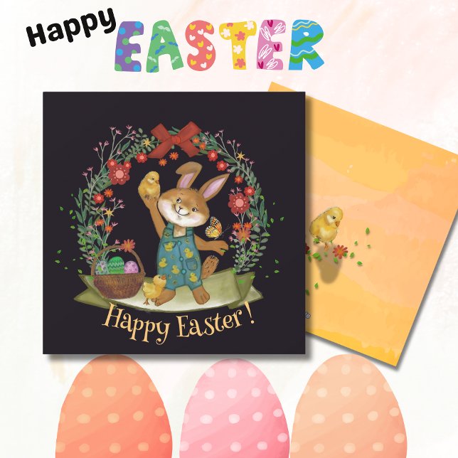 Cartes Pour Fêtes Annuelles Lapin de Pâques et poussins noir jaune (Easter bunny and chicks black yellow holiday card)