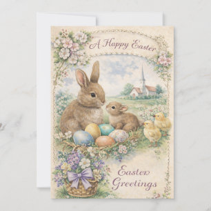 Cartes Pour Fêtes Annuelles Lapin de Pâques et poussins pastel vintage