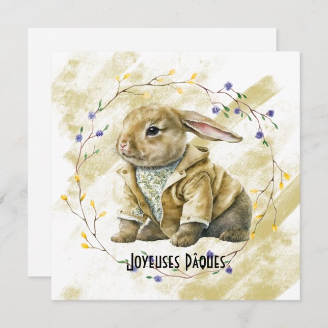 Cartes Pour Fêtes Annuelles Lapin de Pâques habillé en couronne de fleurs (Devant / Derrière)